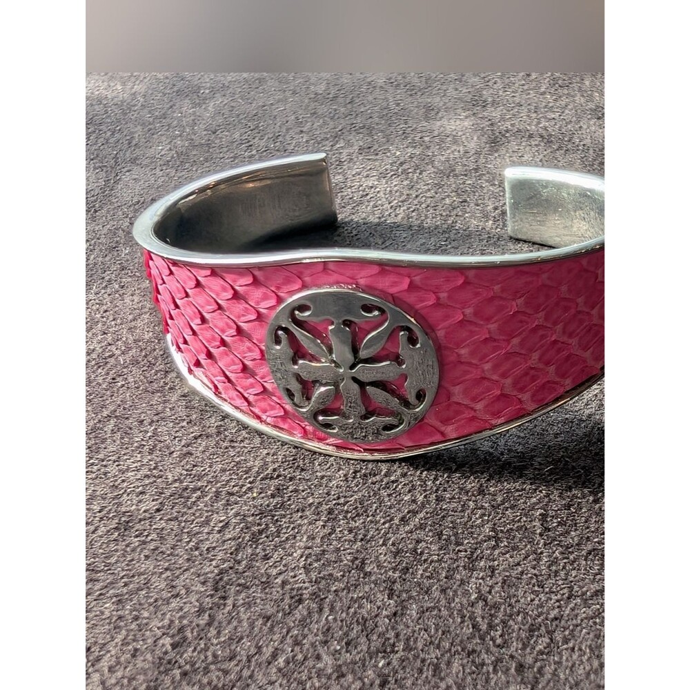 Rustic Cuff Pink Python Textured Cuff Bracelet with Silver Medallion